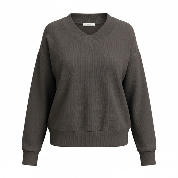 Felina Sweaters - Felina Womens Ribbed V Neck Sweater Long Sleeve Pullover Knit Top Brown Lounge